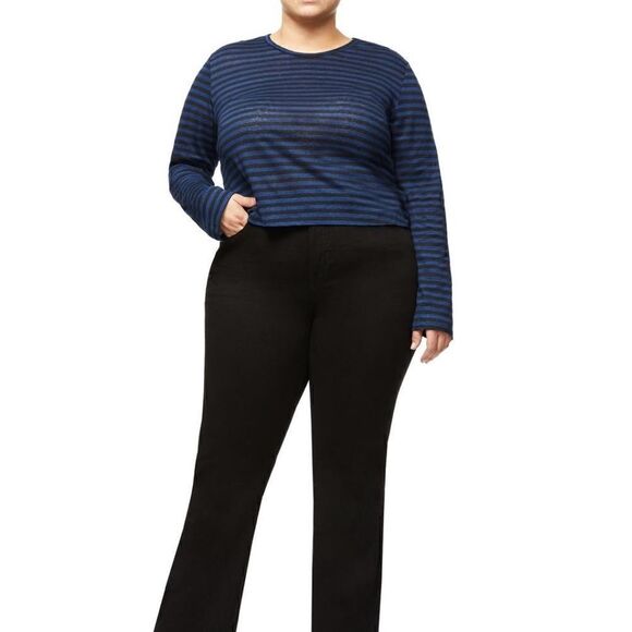 Good American Long Sleeve Linen Crew Neck Shirt, Black/Blue, Size 14/16 (XL) NWT - Picture 2 of 9